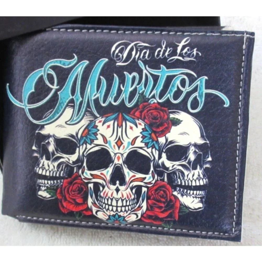 Day of The Dead Dia De Los Muertos Skull Rose Print Bi-Fold Vegan Leather Wallet